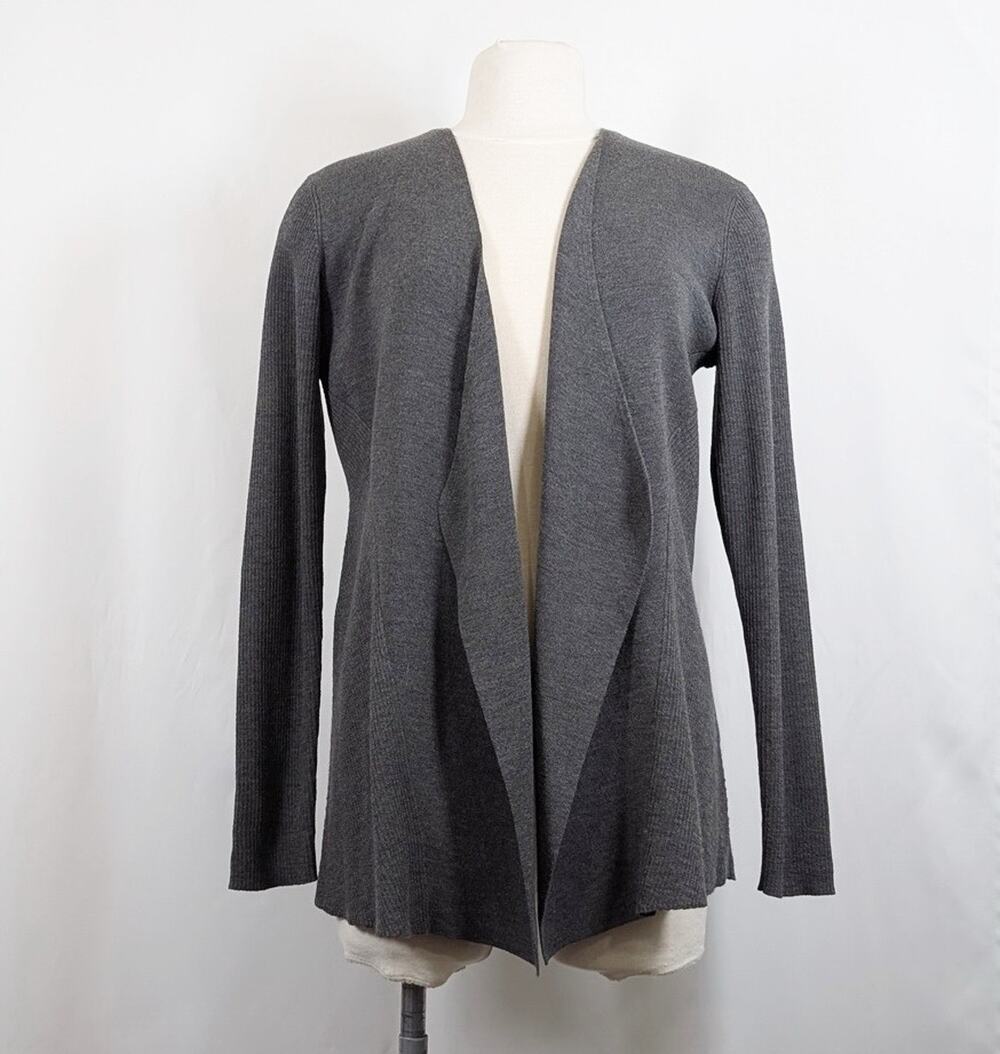Eileen Fisher Cardigan Sweater Gray Wool Open Front Italian Yarn Women's Size M